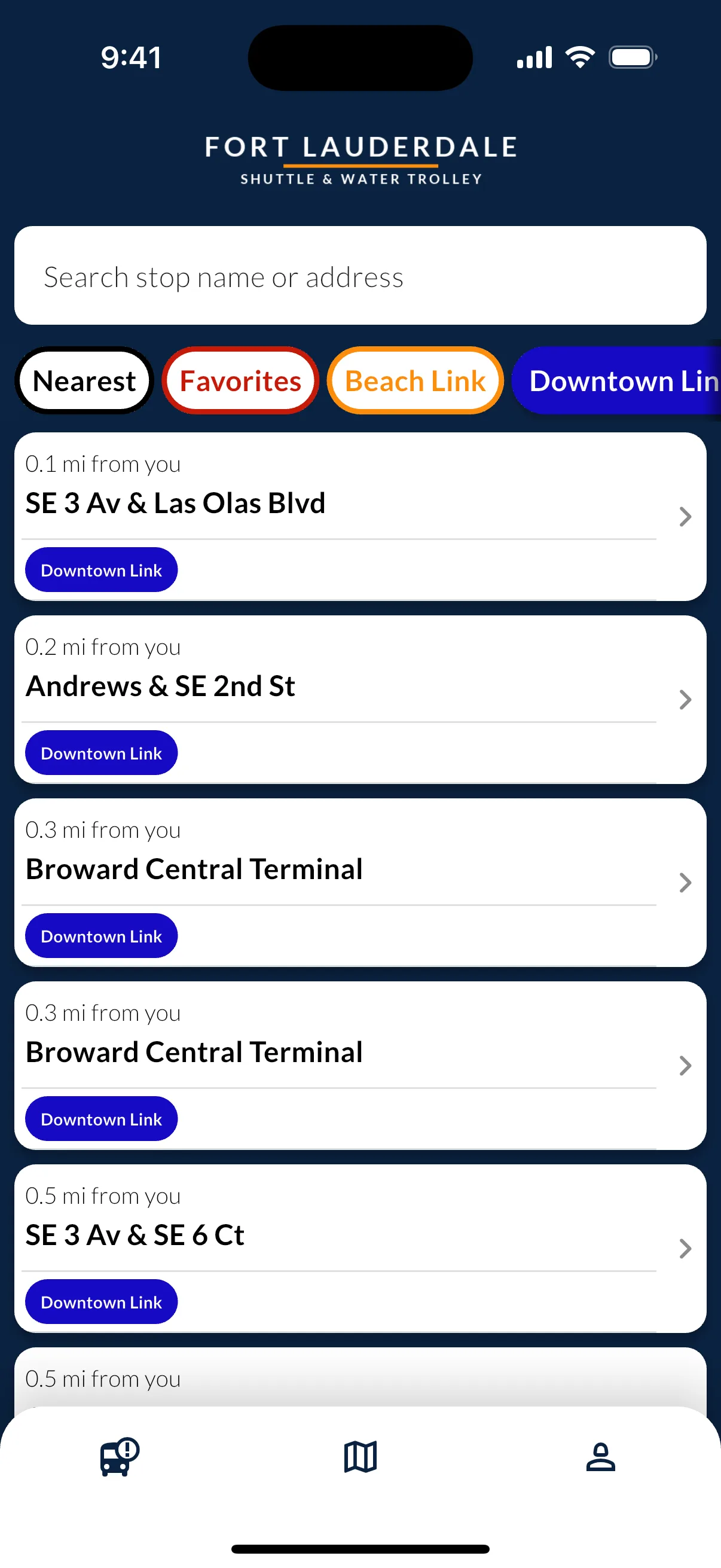 App screen showing stop search results and route filters