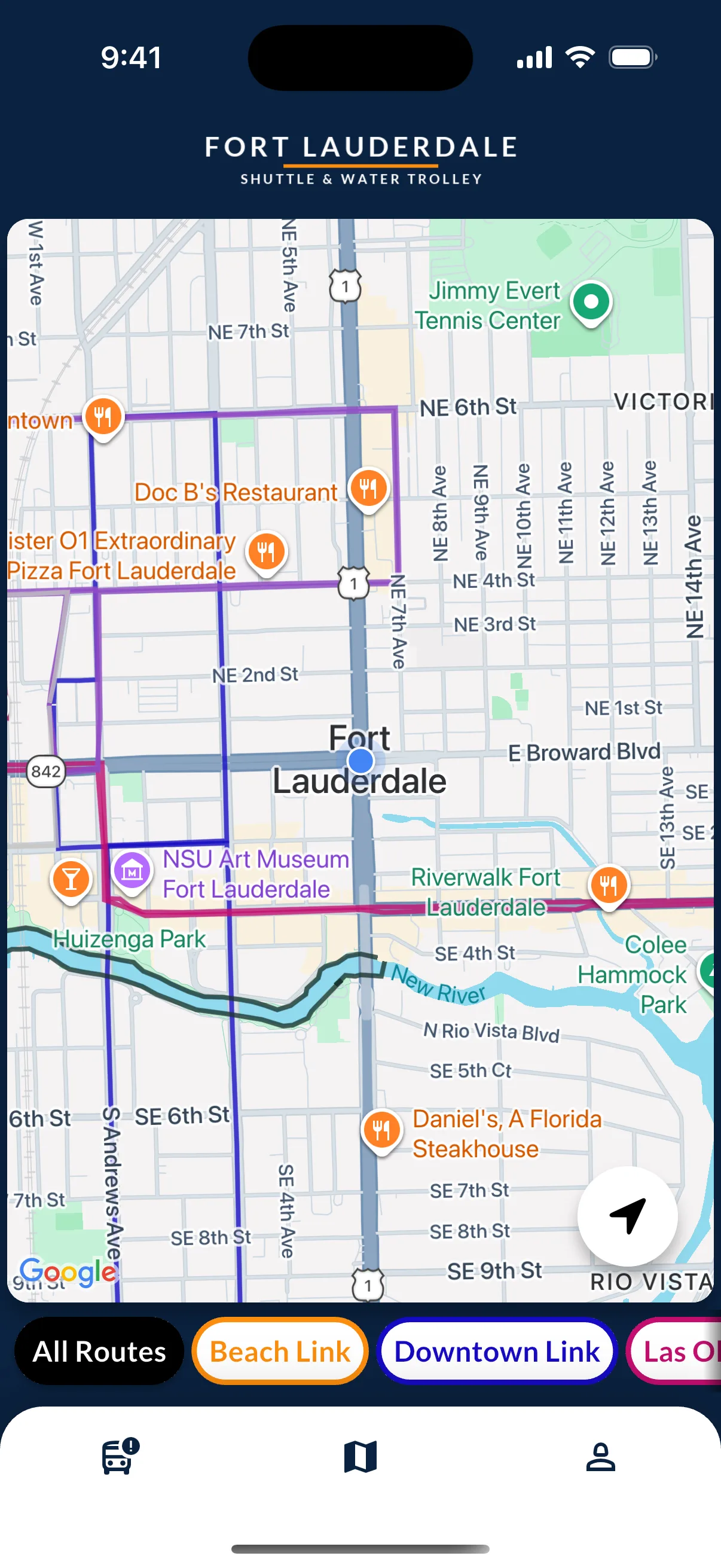 Interactive map view showing Fort Lauderdale trolley routes and stops