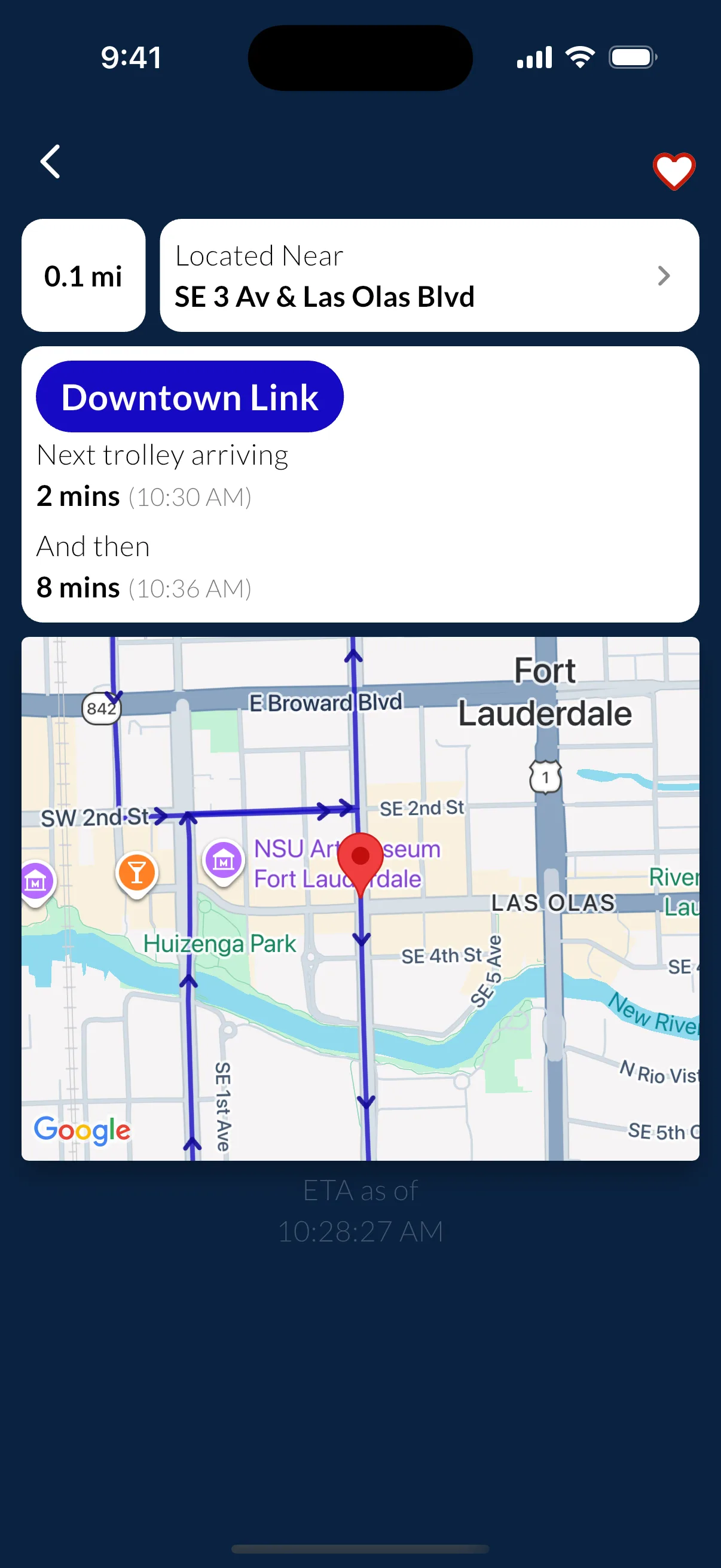 Stop details view showing live and scheduled arrival times for Fort Lauderdale routes